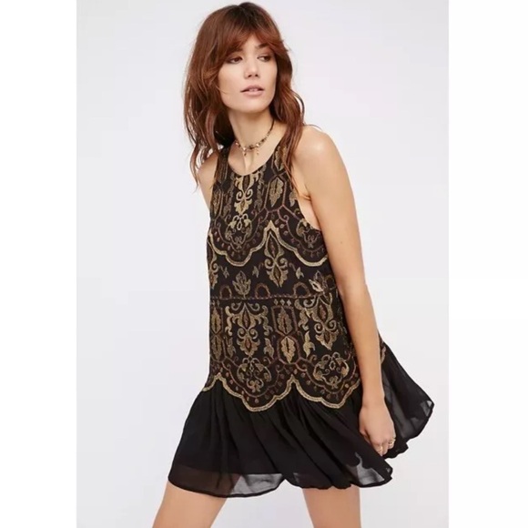 Free People Black Gold Embroidered Drop Waist Little Secrets Mini Dress Small - Picture 5 of 5
